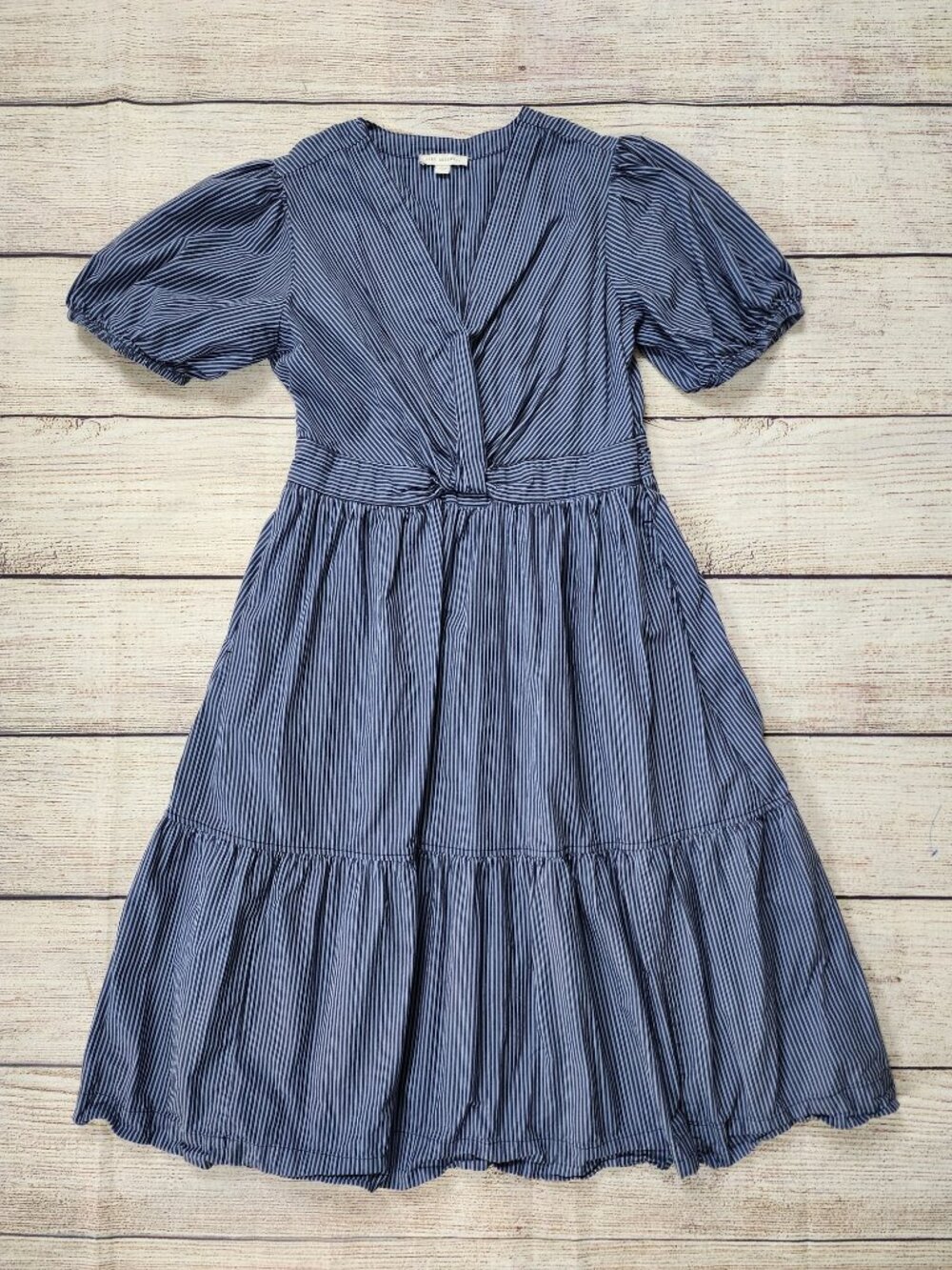 Free Assembly Twist Front Cotton Blue Striped Midi Dress Size Large Americana